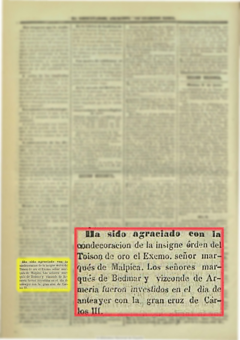 El Observador 7/6/1851. Condecoración con el Toisón de Oro a Joaquín Fernández de Córdoba y Pacheco X marqués de Malpica El Observador 7/6/1851. Condecoración con el Toisón de Oro a Joaquín Fernández de Córdoba y Pacheco X marqués de Malpica