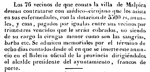 1852 Anuncio de vacante de la plaza de cirujano en Malpica de Tajo 1852 Anuncio de vacante de la plaza de cirujano en Malpica de Tajo