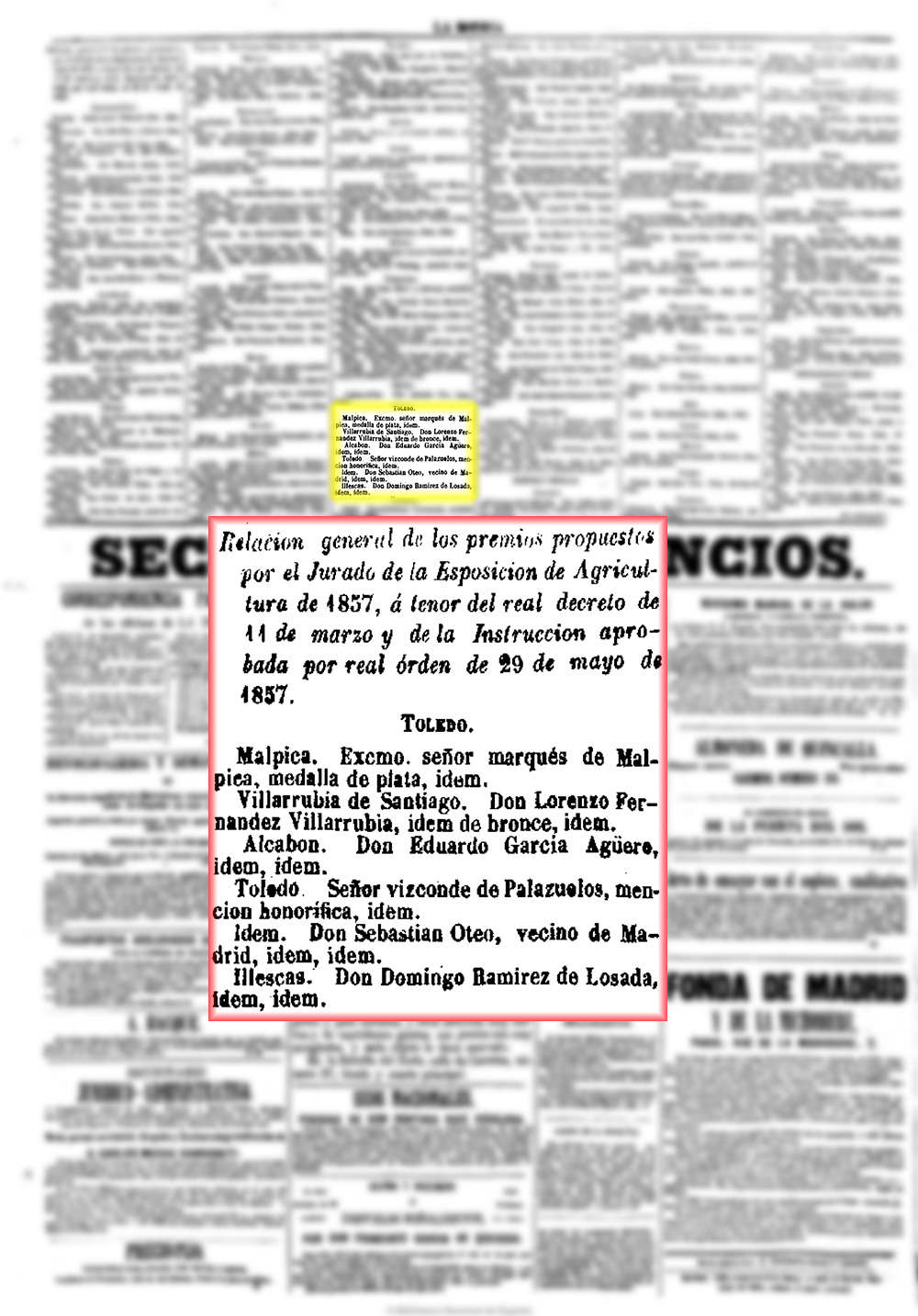 La Iberia 24/3/1858, página 4. Medalla de plata al aceite del marqués de Malpica La Iberia 24/3/1858, página 4. Medalla de plata al aceite del marqués de Malpica