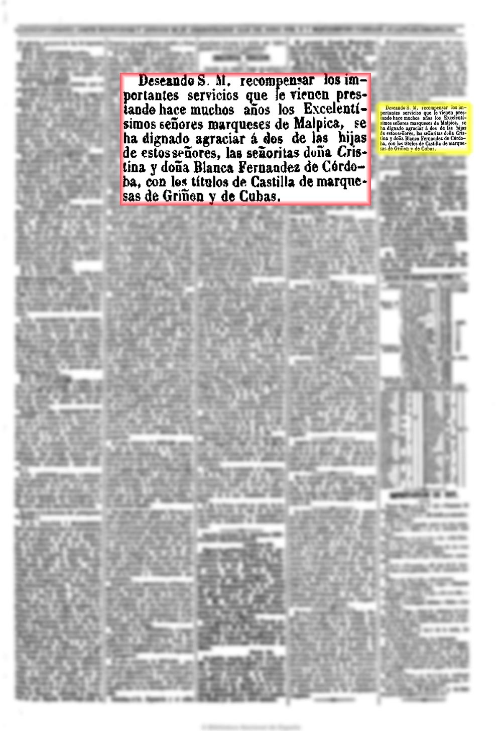 La Correspondencia de España 26/1/1862, n.º 1.323, página 3. Concesión de los marquesados de Cubas y Griñón a sendas hijas del marqués de Malpica La Correspondencia de España 26/1/1862, n.º 1.323, página 3. Concesión de los marquesados de Cubas y Griñón a sendas hijas del marqués de Malpica