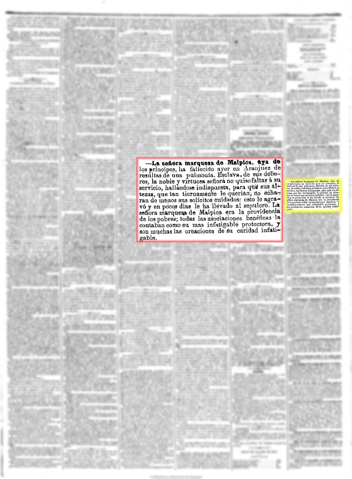 La Época 6/5/1863, n.º 4.662, página 3. Muerte de marquesa de Malpica Doña María de la Encarnación Francisca de Asís Álvarez de las Asturias Bohórquez y Chacón La Época 6/5/1863, n.º 4.662, página 3. Muerte de marquesa de Malpica Doña María de la Encarnación Francisca de Asís Álvarez de las Asturias Bohórquez y Chacón