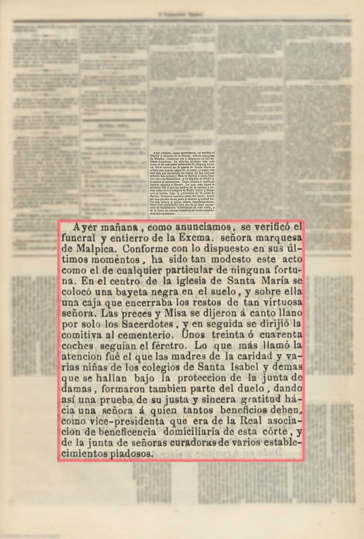 El Pensamiento español 8/5/1863, página 3. Entierro Doña María de la Encarnación Francisca de Asís Álvarez de las Asturias Bohórquez y Chacón, marquesa de Malpica El Pensamiento español 8/5/1863, página 3. Entierro Doña María de la Encarnación Francisca de Asís Álvarez de las Asturias Bohórquez y Chacón, marquesa de Malpica