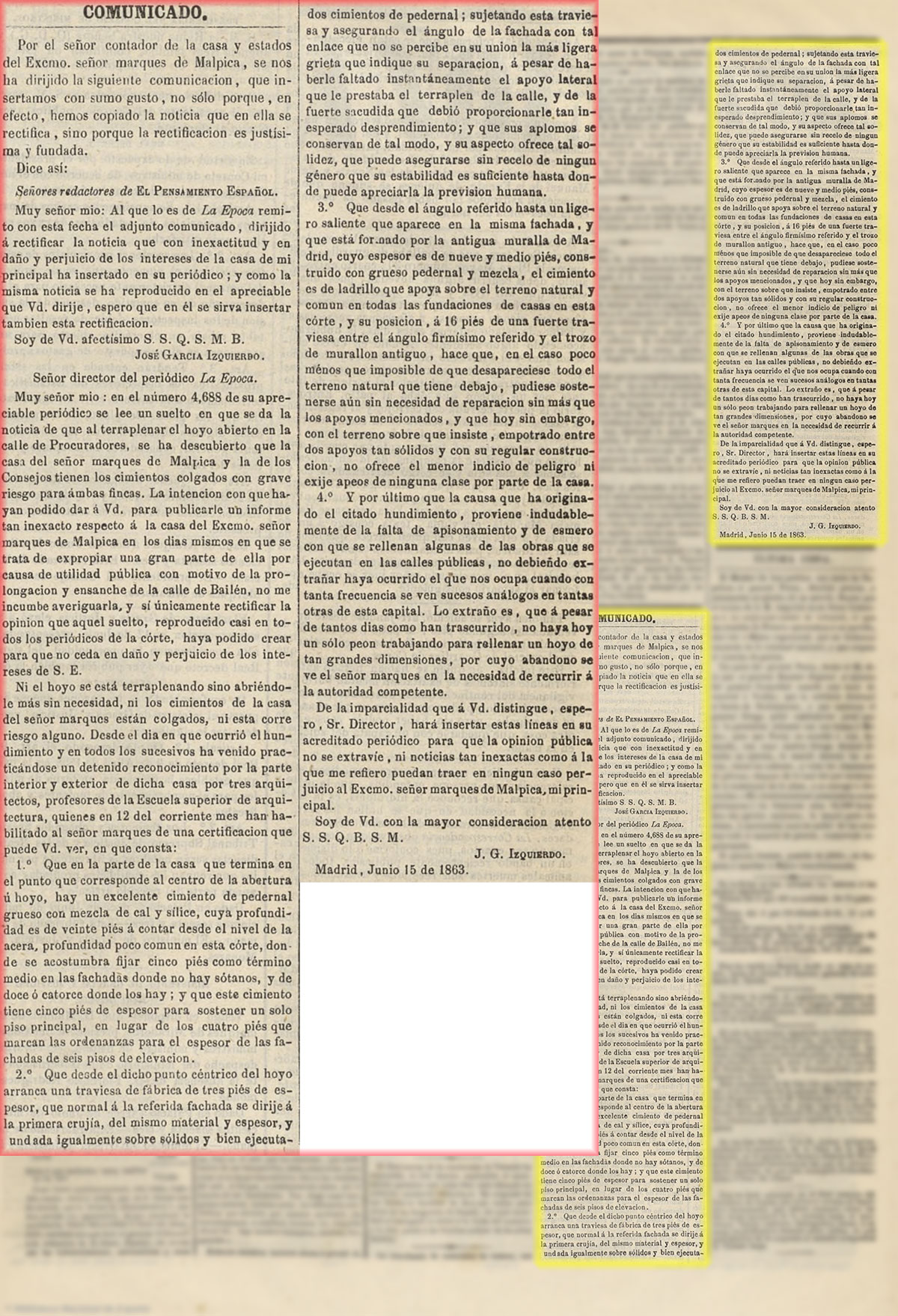 El Pensamiento español 11/6/1863, página 3. Un socavón en la calle Malpica. Rectificación El Pensamiento español 11/6/1863, página 3. Un socavón en la calle Malpica. Rectificación
