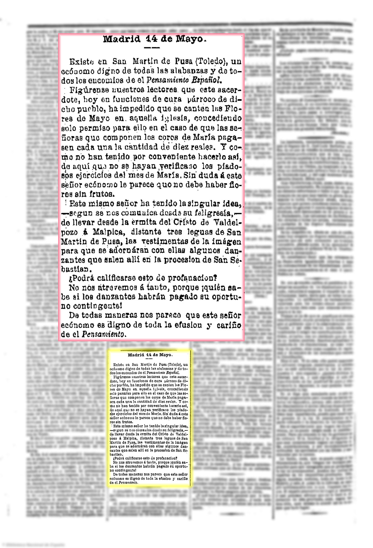 La Corona 16/5/1865, página 6. Un cura harpagón, flores que deben dar fruto y los danzantes de San Sebastián en Malpica La Corona 16/5/1865, página 6. Un cura harpagón, flores que deben dar fruto y los danzantes de San Sebastián en Malpica