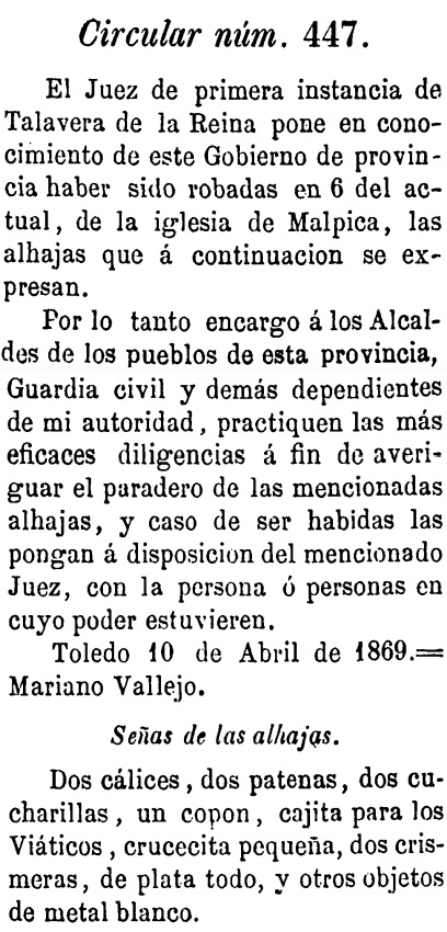Robo en la iglesia de Malpica de Tajo. Boletín Oficial de la Provincia de Toledo, n.º 163, 11/4/1869 Robo en la iglesia de Malpica de Tajo. Boletín Oficial de la Provincia de Toledo, n.º 163, 11/4/1869