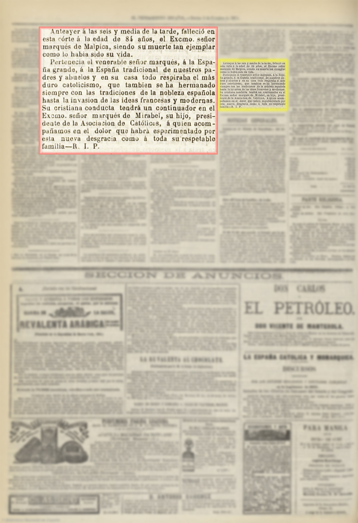 El Pensamiento español 3/10/1871, página 4. Fallecimiento del marqués de Malpica. El Pensamiento español 3/10/1871, página 4. Fallecimiento del marqués de Malpica.