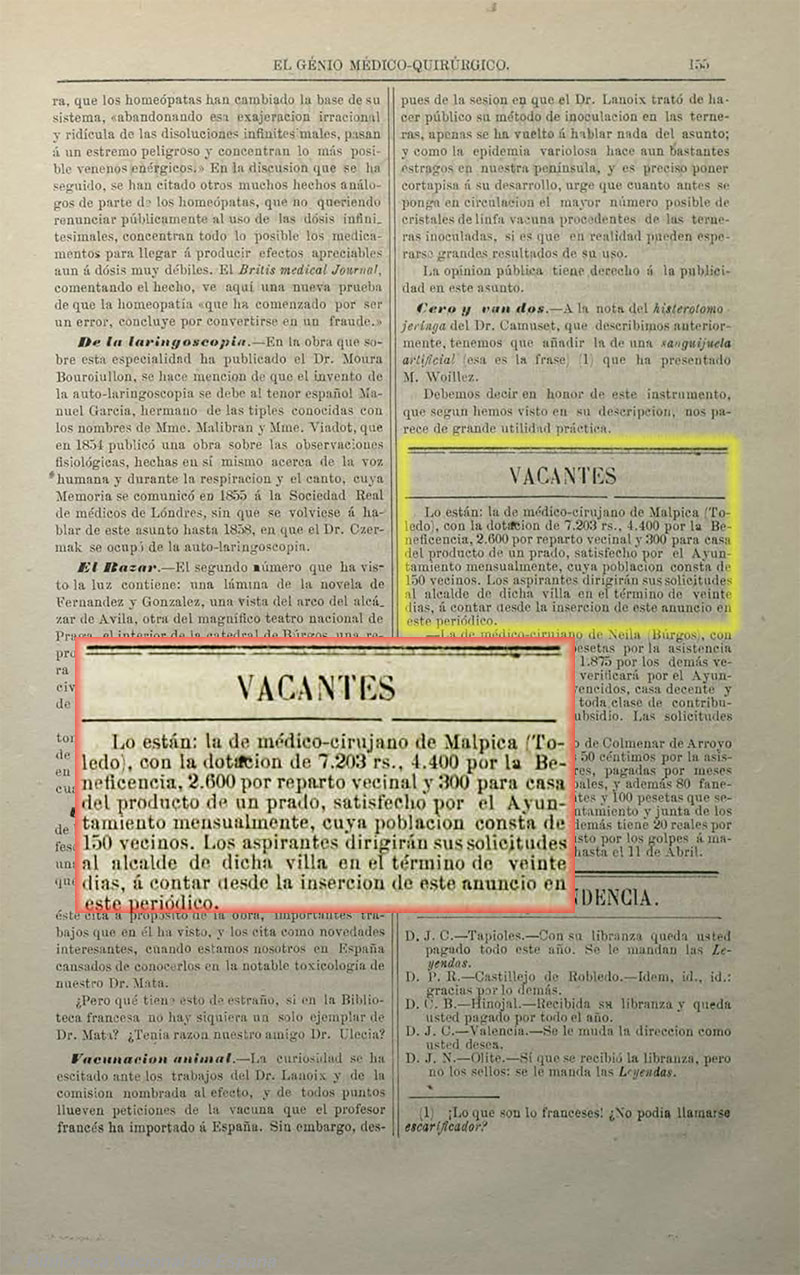 El Genio médico-quirúrgico. 15/3/1874, página 15. Vacante de la plaza de médico en Malpica de Tajo. El Genio médico-quirúrgico. 15/3/1874, página 15. Vacante de la plaza de médico en Malpica de Tajo.
