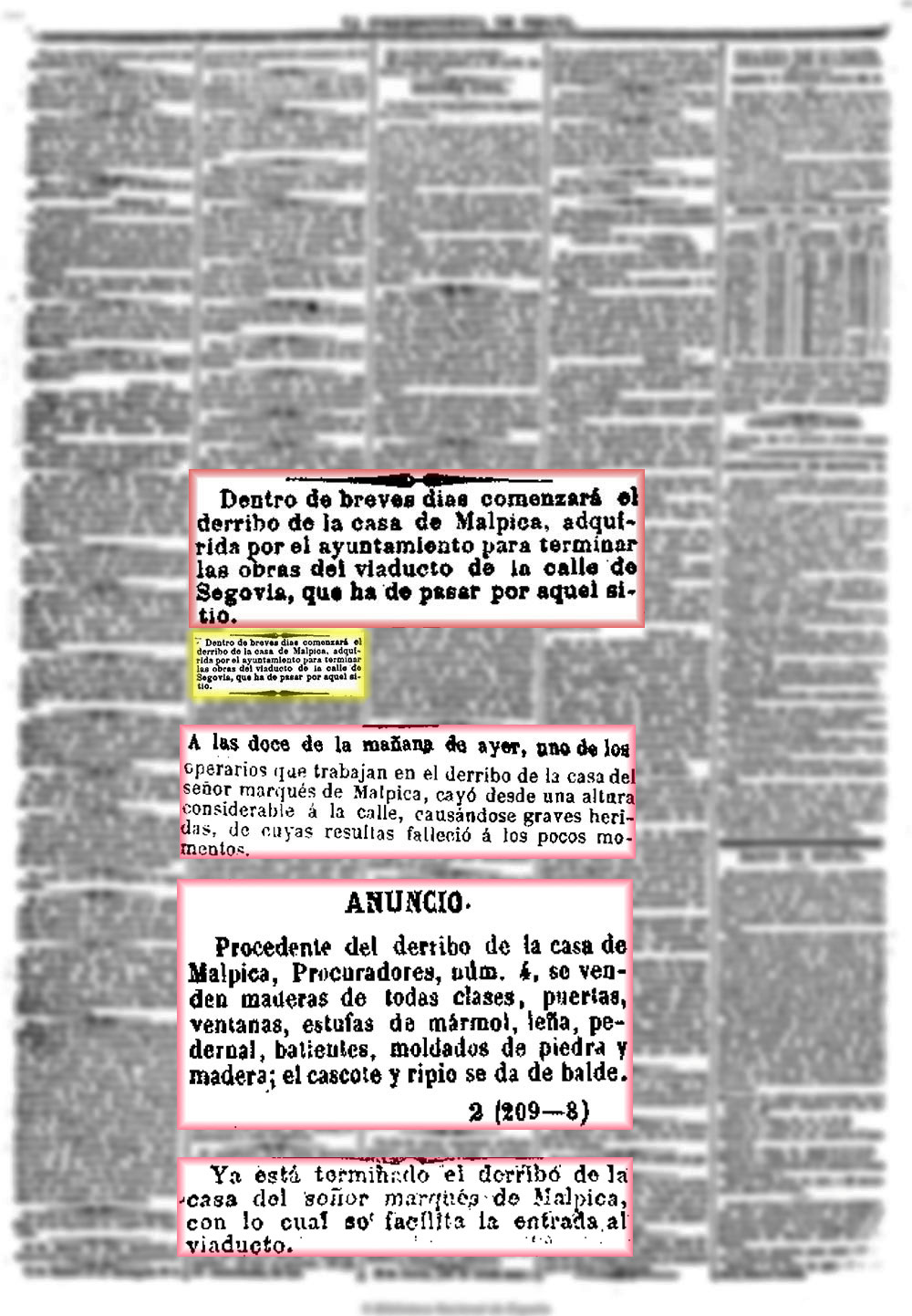La Correspondencia de España, 4/7/1874, n.º 6.059, página 3, Anuncio de derribo del palacio del marqués de Malpica en Madrid. La Correspondencia de España, 4/7/1874, n.º 6.059, página 3, Anuncio de derribo del palacio del marqués de Malpica en Madrid.