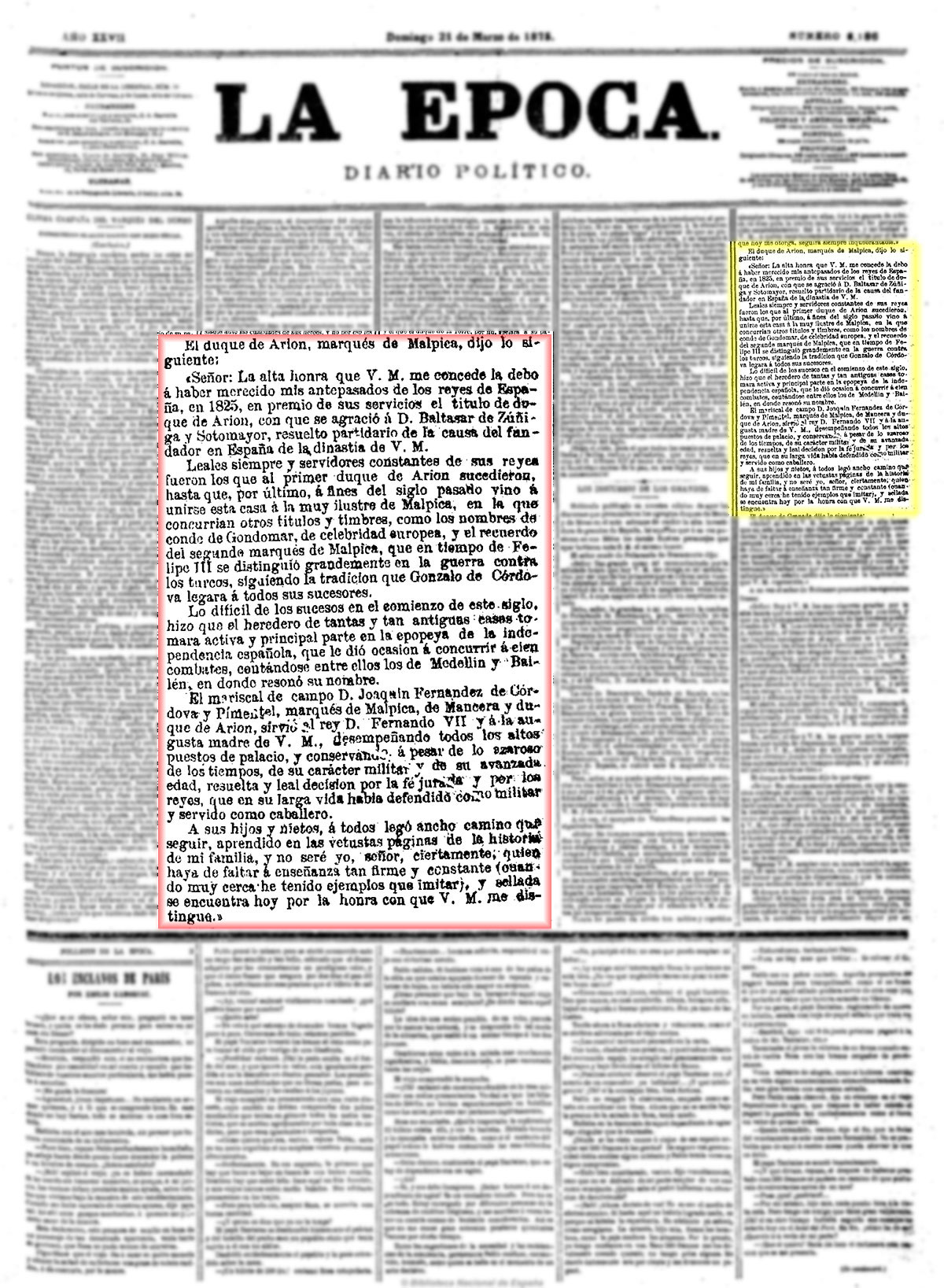 La Época. 21/3/1875, n.º 8.186, página 1. Discurso de Investidura del marqués de Malpica como grande de España La Época. 21/3/1875, n.º 8.186, página 1. Discurso de Investidura del marqués de Malpica como grande de España