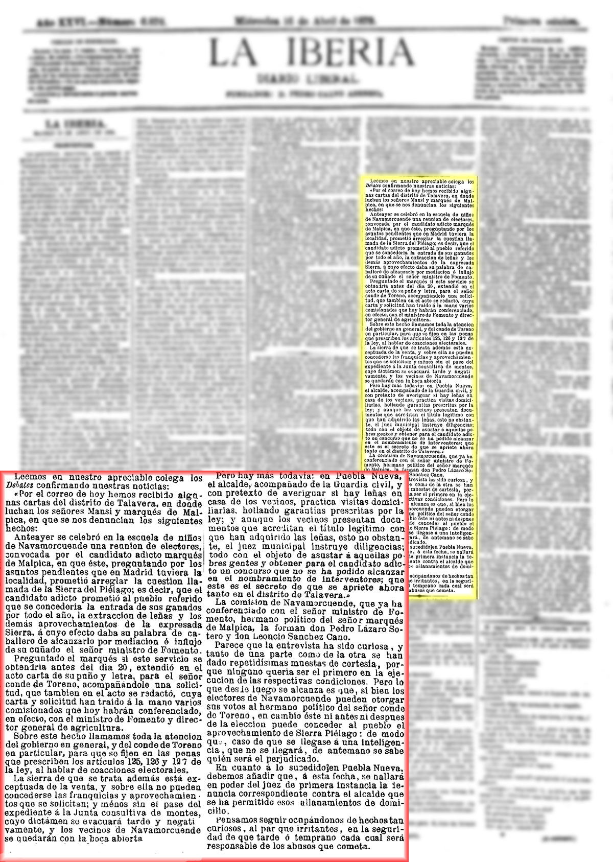 La Iberia 6/4/1879, página 1, denuncia de prácticas electorales poco éticas. La Iberia 6/4/1879, página 1, denuncia de prácticas electorales poco éticas.