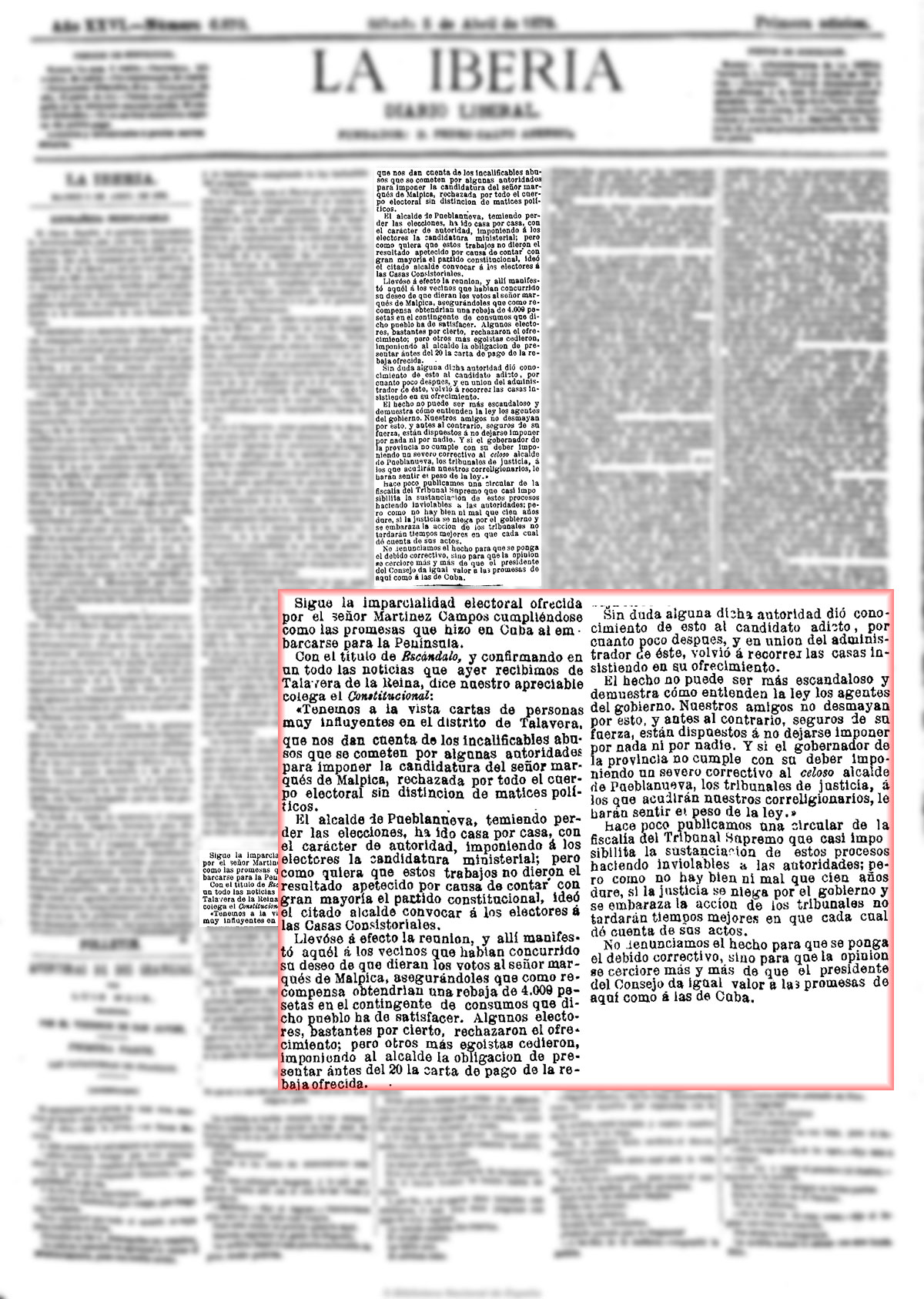 La Iberia 5/4/1879, página 1. Caciquismo en acción La Iberia 5/4/1879, página 1. Caciquismo en acción