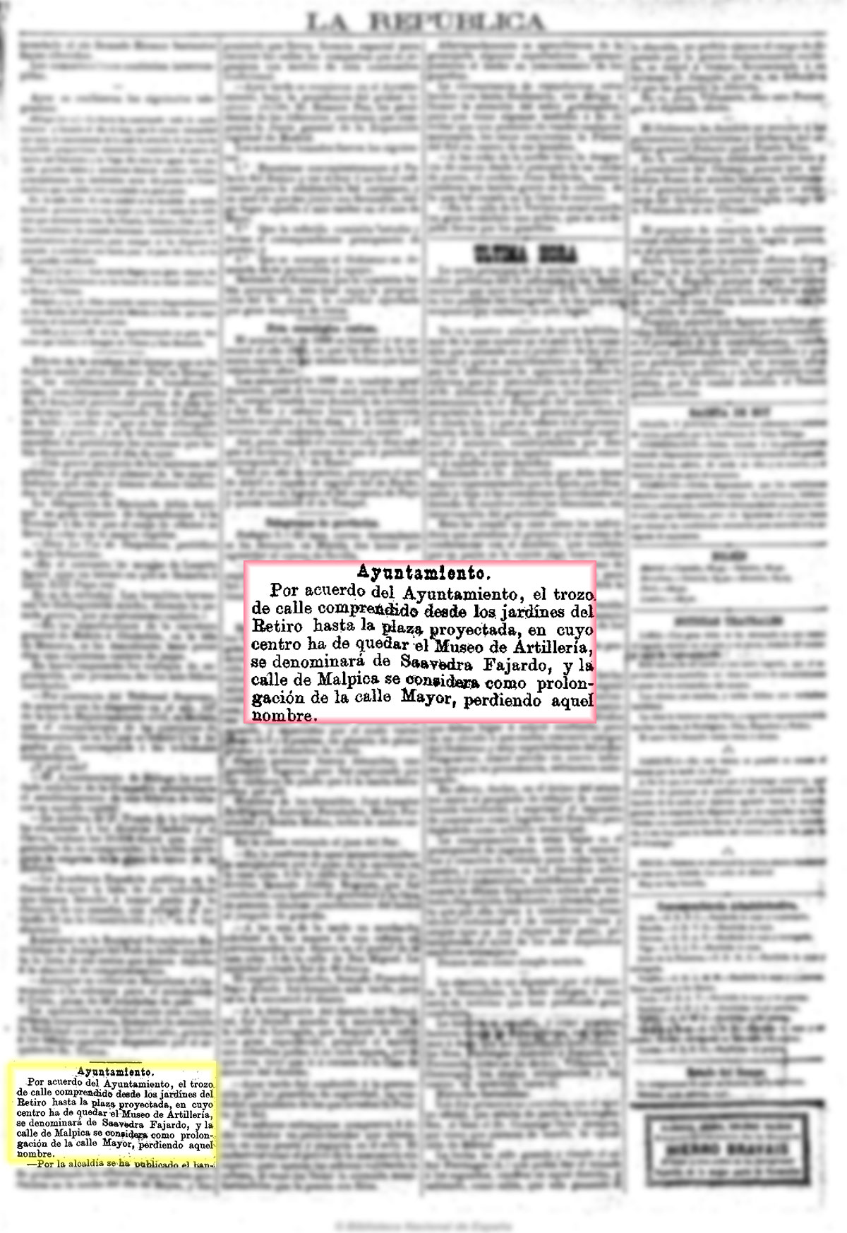 La República 4/1/1888, página 3, la calle Malpica en Madrid se integra en la prolongación de la calle Mayor La República 4/1/1888, página 3, la calle Malpica en Madrid se integra en la prolongación de la calle Mayor