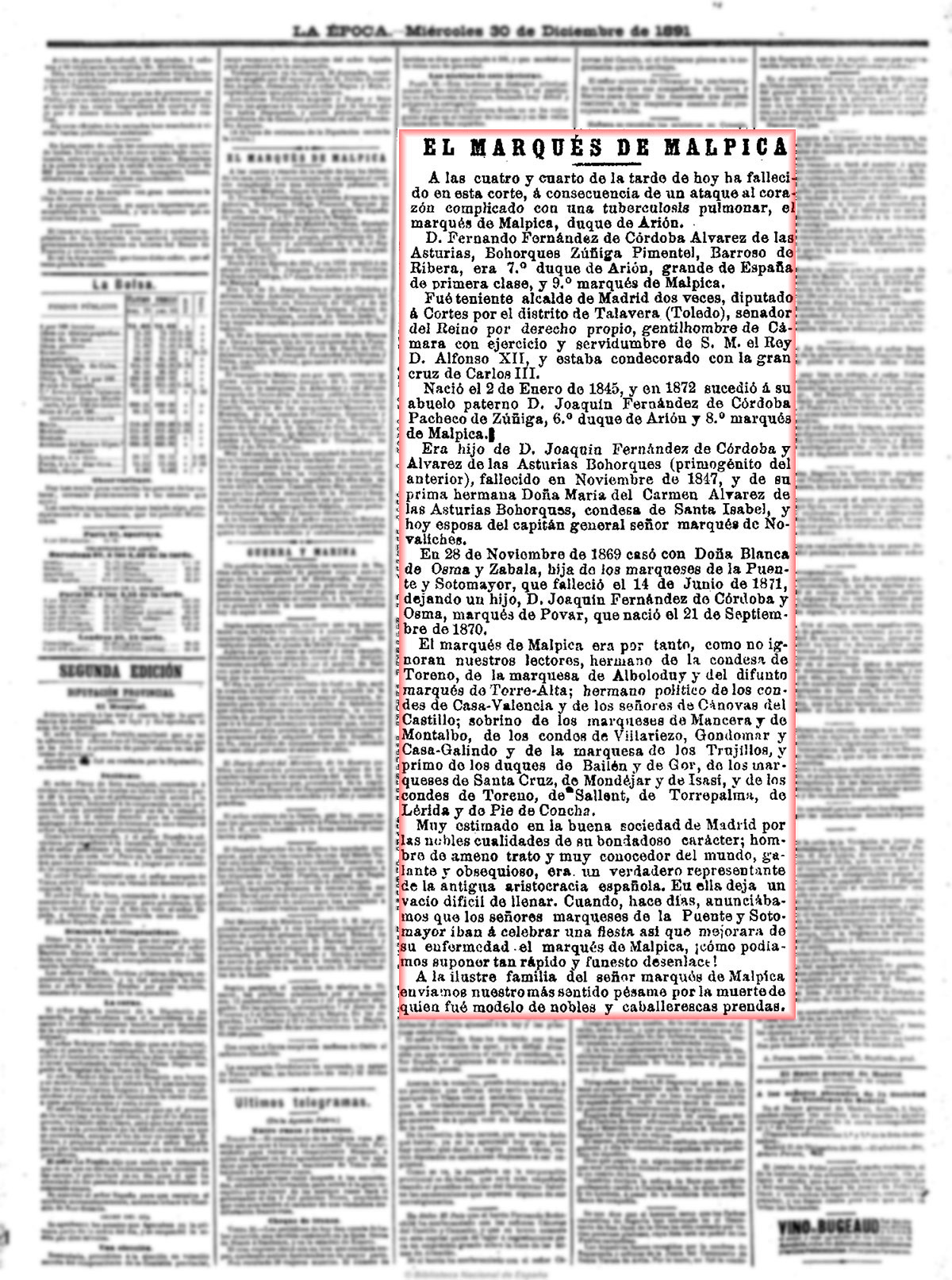 La Época 30/12/1891, n.º 14.126, página 3. Muerte del IX marqués de Malpica La Época 30/12/1891, n.º 14.126, página 3. Muerte del IX marqués de Malpica