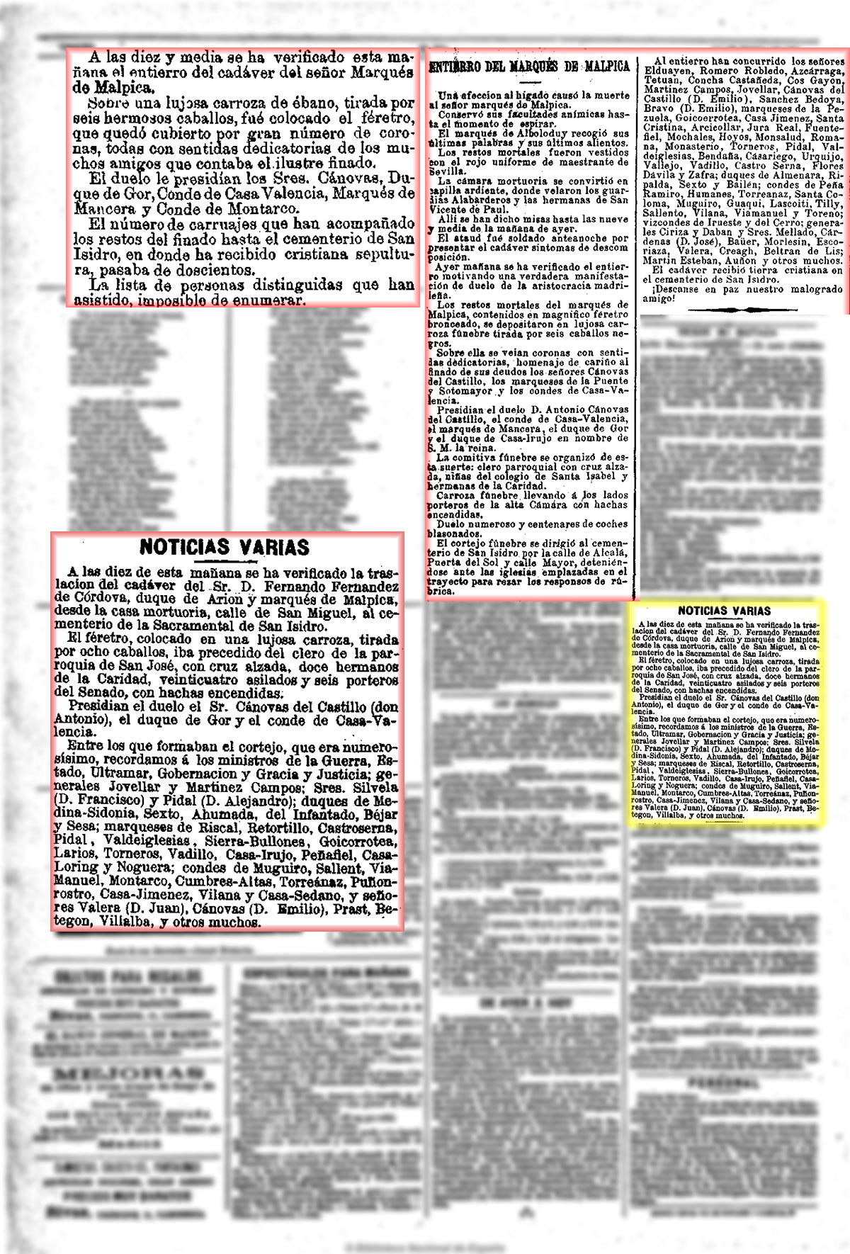 El Día 1_1_1892, página 4. Entierro del IX marqués de Malpica El Día 1_1_1892, página 4. Entierro del IX marqués de Malpica