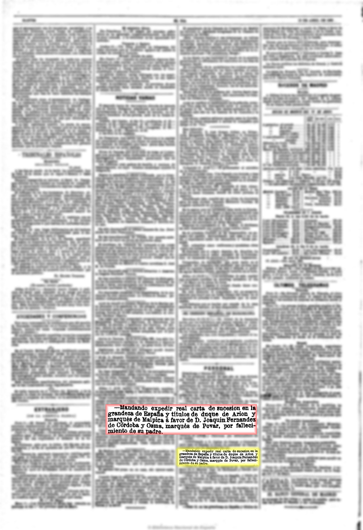 El Imparcial 13-4-1892, página 1. Nombrado sucesor del Marqués de Malpica El Imparcial 13-4-1892, página 1. Nombrado sucesor del Marqués de Malpica