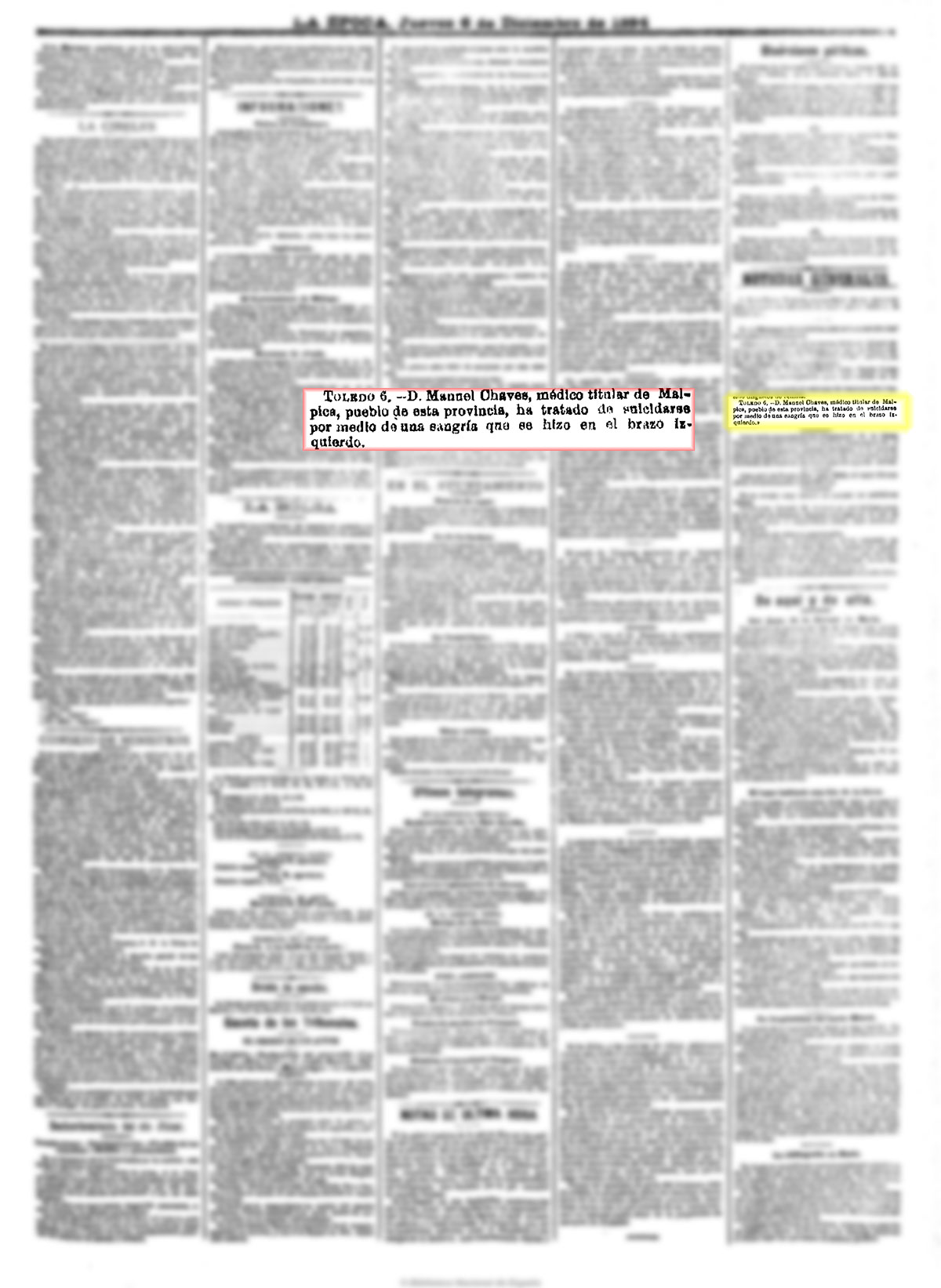 La Época 6-12-1894, n.º 16.002, página 3. Intento de suicidio del médico local La Época 6-12-1894, n.º 16.002, página 3. Intento de suicidio del médico local