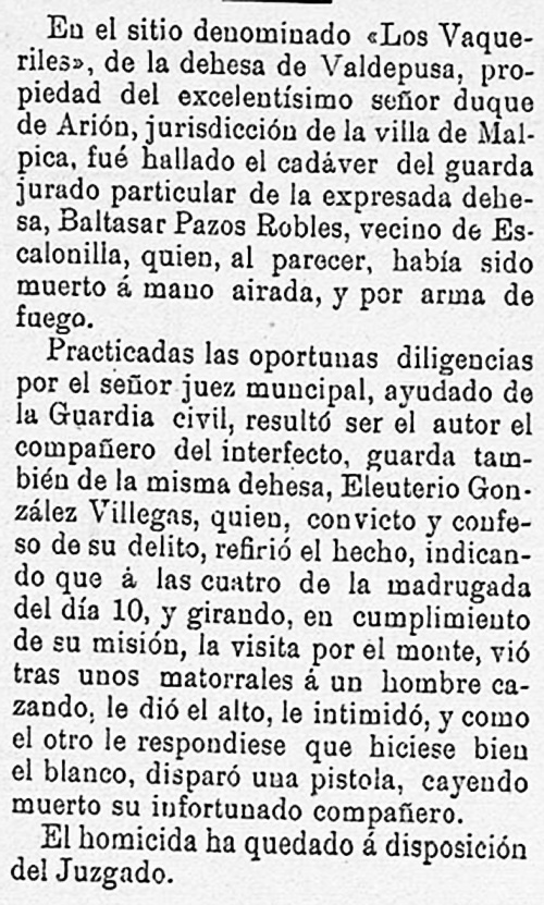 Muerte de un guarda en El Vaqueril en 1897. Muerte de un guarda en El Vaqueril.