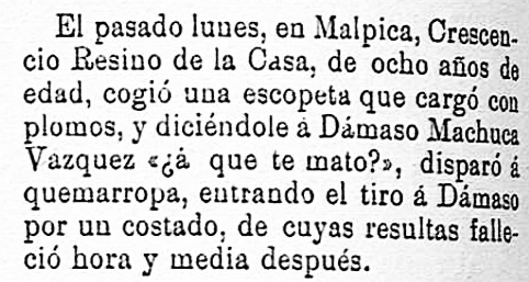 Muerte de un adulto por los juegos de un niño con arma en 1897. Muerte de un adulto por los juegos de un niño con arma.