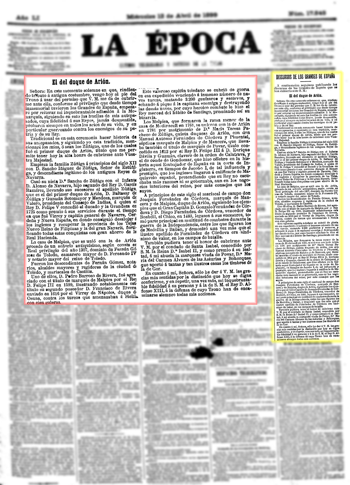 La Época 12-4-1899, n.º 17.545, página 1. Discurso del duque de Arión ante Alfonso XII La Época 12-4-1899, n.º 17.545, página 1. Discurso del duque de Arión ante Alfonso XII