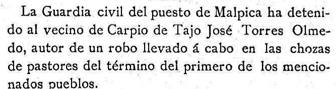 Detención de un vecino de Carpio por robo a unos pastores de Malpica de Tajo. Detención de un vecino de Carpio por robo a unos pastores de Malpica de Tajo.