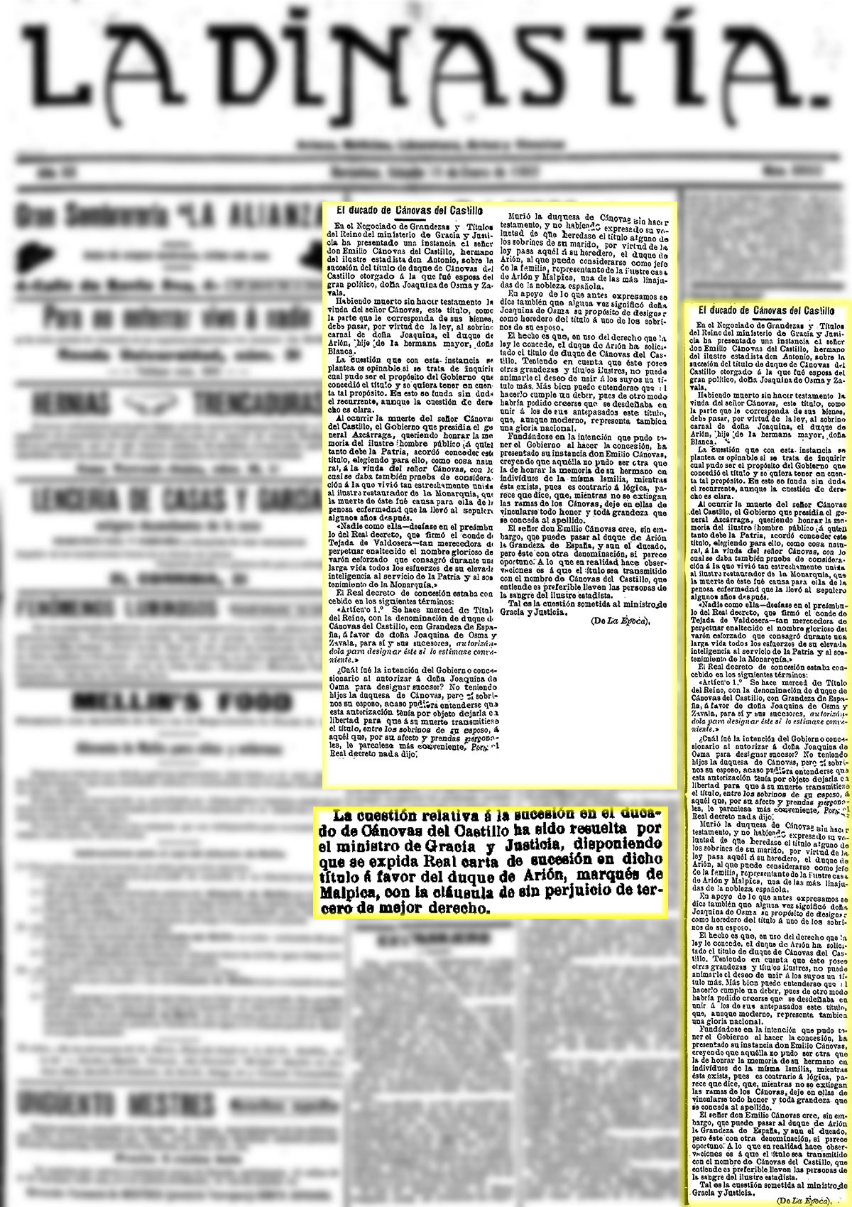 El Globo 29/1/1902, n.º 9.547. Sucesión en el título del ducado de Cánovas El Globo 29/1/1902, n.º 9.547. Sucesión en el título del ducado de Cánovas