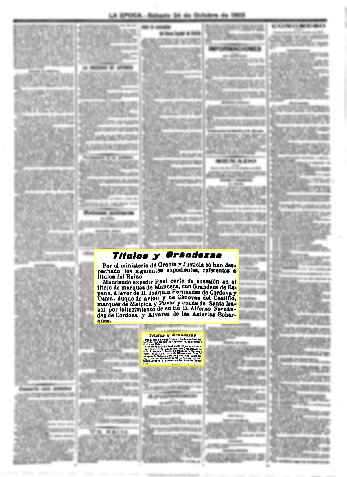 La Época 24-10-1903, n.º 19.171. Herencia del marquesado de Mancera La Época 24-10-1903, n.º 19.171. Herencia del marquesado de Mancera