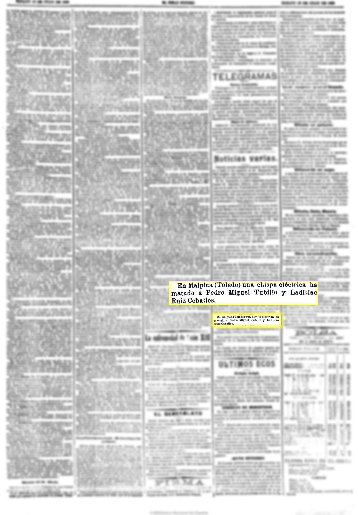 El Siglo futuro 18-7-1903, n.º 8.571. Muertos por un rayo El Siglo futuro 18-7-1903, n.º 8.571. Muertos por un rayo