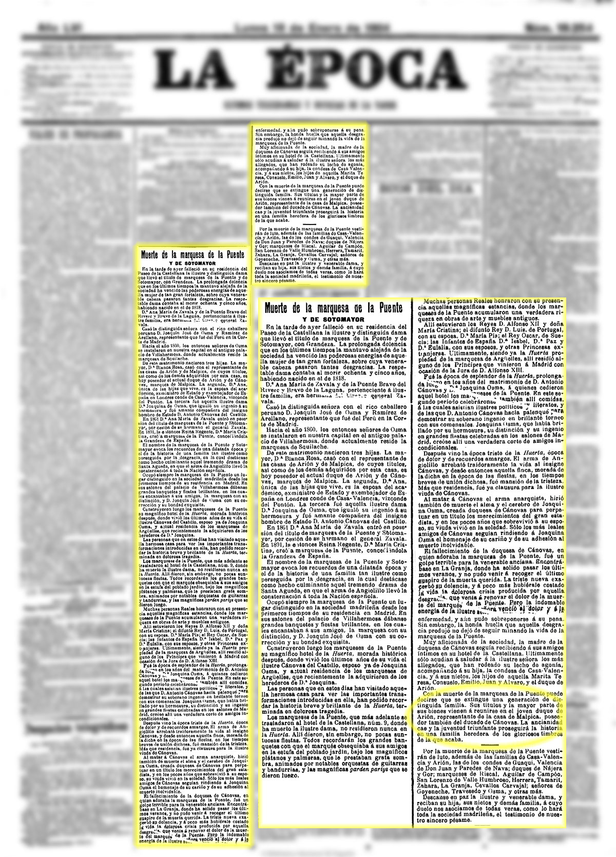 La Época 18-1-1904, n.º 19.254. Muerte de D. Ana María de Zavala y de la Puente Bravo del Rivero y Bravo de la Laguna, I marquesa de la Puente y IV marquesa de la Puente y Sotomayor La Época 18-1-1904, n.º 19.254. Muerte de D. Ana María de Zavala y de la Puente Bravo del Rivero y Bravo de la Laguna, I marquesa de la Puente y IV marquesa de la Puente y Sotomayor
