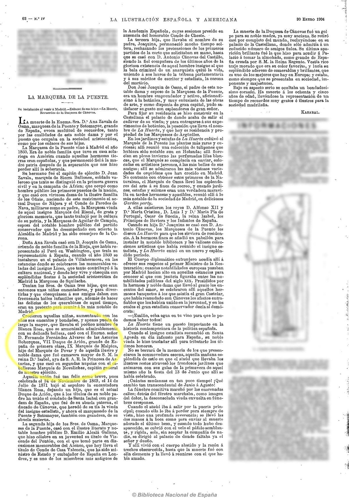 La Época 18-1-1904, n.º 19.254. Muerte de D. Ana María de Zavala y de la Puente Bravo del Rivero y Bravo de la Laguna, I marquesa de la Puente y IV marquesa de la Puente y Sotomayor La Época 18-1-1904, n.º 19.254. Muerte de D. Ana María de Zavala y de la Puente Bravo del Rivero y Bravo de la Laguna, I marquesa de la Puente y IV marquesa de la Puente y Sotomayor