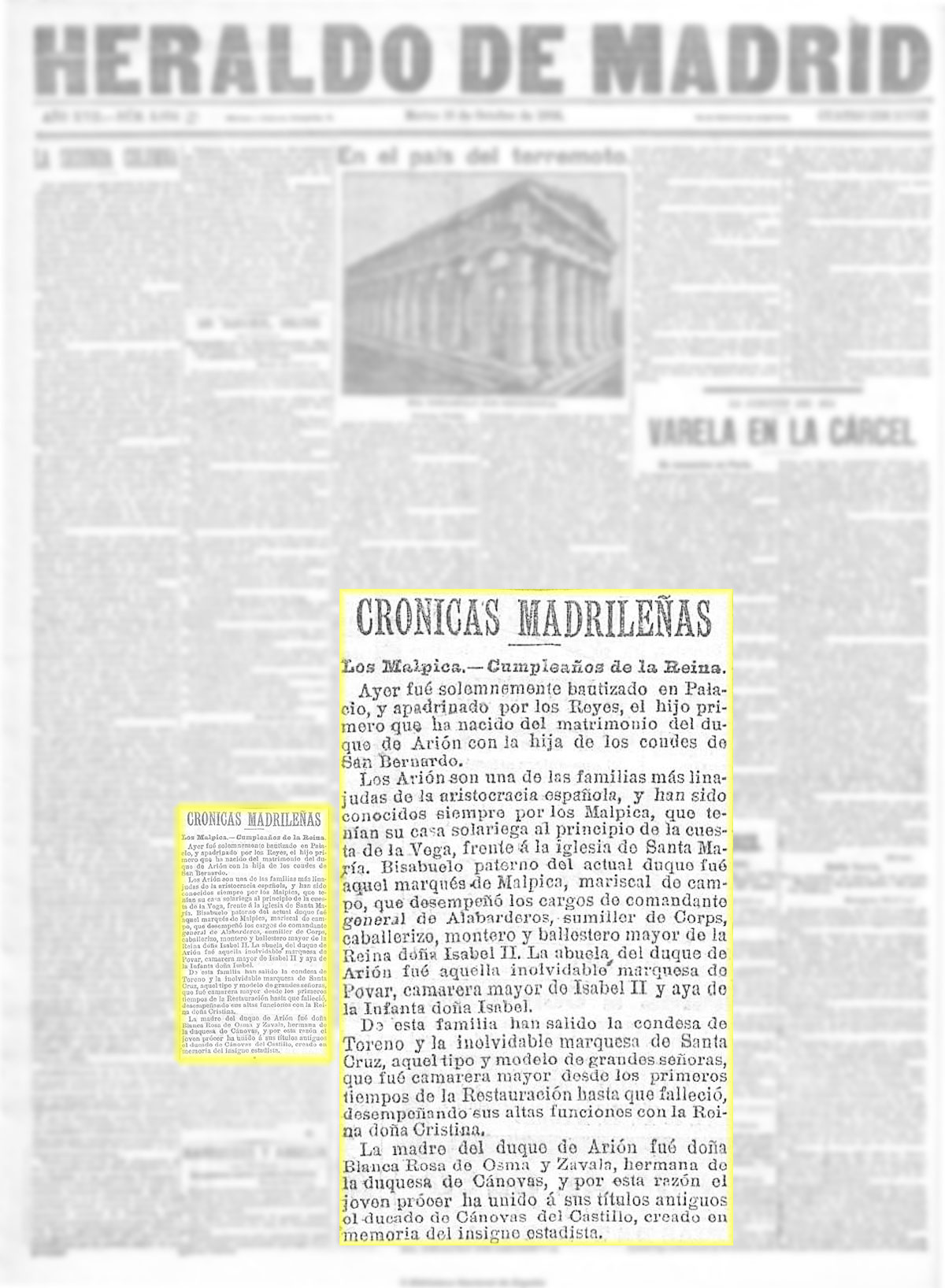 El Heraldo de Madrid 16-10-1906. Bautizo de D. Fernando Fernández de Córdoba y Mariátegui Marqués de Povar El Heraldo de Madrid 16-10-1906. Bautizo de D. Fernando Fernández de Córdoba y Mariátegui Marqués de Povar