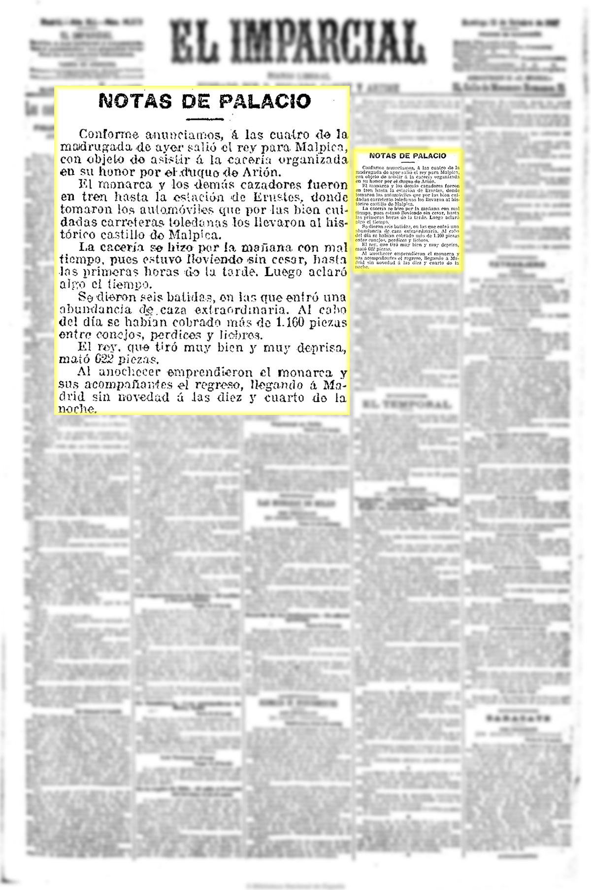 El Imparcial 13-10-1907. Crónica de otra cacería regia en Malpica y Valdepusa El Imparcial 13-10-1907. Crónica de otra cacería regia en Malpica y Valdepusa