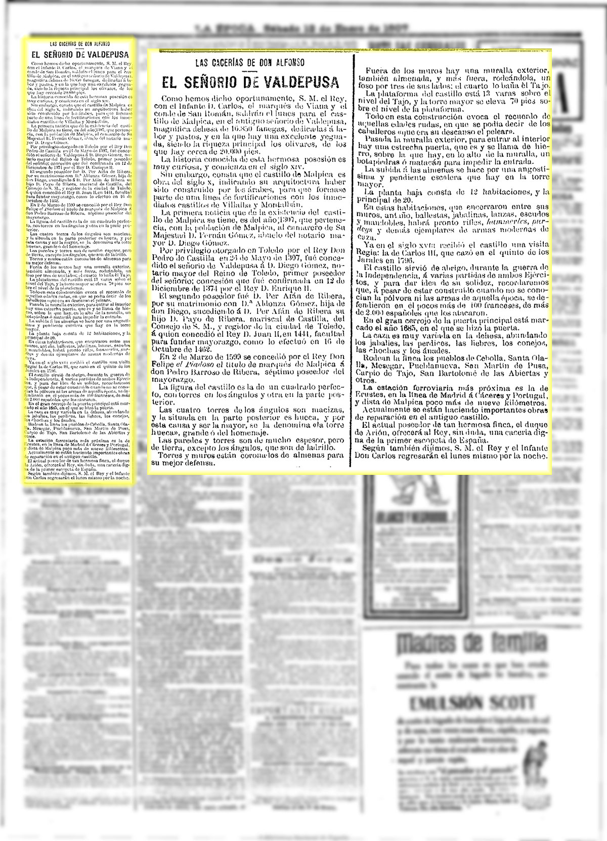 La Época 12-1-1907, n.º 20.238. Artículo sobre Valdepusa con motivo de la cacería del rey Alfonso XIII La Época 12-1-1907, n.º 20.238. Artículo sobre Valdepusa con motivo de la cacería del rey Alfonso XIII