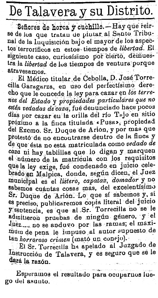 Controvertida denuncia del médico de Cebolla por cazar en Pusa. El porvenir: periódico carlista: Año III Número 103 - 1907 septiembre 18 Controvertida denuncia del médico de Cebolla por cazar en Pusa. El porvenir: periódico carlista: Año III Número 103 - 1907 septiembre 18