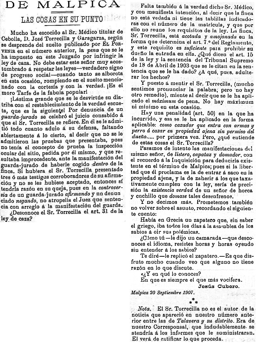 Respuesta desde Malpica a la publicación de la denuncia del médico de Cebolla por cazar en Pusa. El porvenir: periódico carlista: Año III Número 104 - 1907 septiembre 25. Respuesta desde Malpica a la publicación de la denuncia del médico de Cebolla por cazar en Pusa. El porvenir: periódico carlista: Año III Número 104 - 1907 septiembre 25.