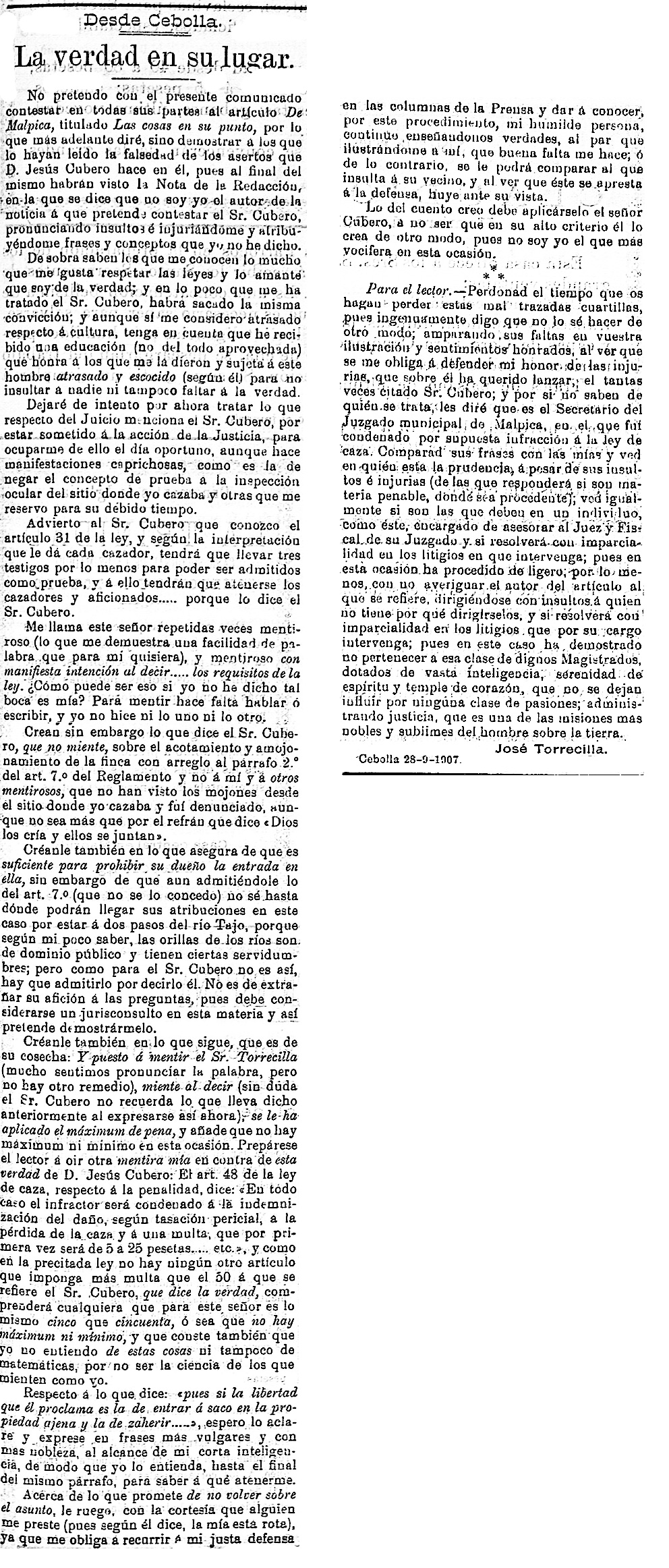 Réplica del médico de Cebolla a la publicación de respuesta desde Malpica por la denuncia del médico de Cebolla por cazar en Pusa. El porvenir: periódico carlista: Año III Número 105 - 1907 octubre 2. Réplica del médico de Cebolla a la publicación de respuesta desde Malpica por la denuncia del médico de Cebolla por cazar en Pusa. El porvenir: periódico carlista: Año III Número 105 - 1907 octubre 2