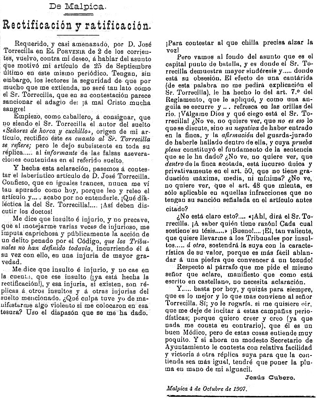 Rectificación y ratificación del secretario de Malpica por la denuncia del médico de Cebolla por cazar en Pusa. El porvenir: periódico carlista: Año III Número 106 - 1907 octubre 9. Rectificación y ratificación del secretario de Malpica por la denuncia del médico de Cebolla por cazar en Pusa. El porvenir: periódico carlista: Año III Número 106 - 1907 octubre 9.