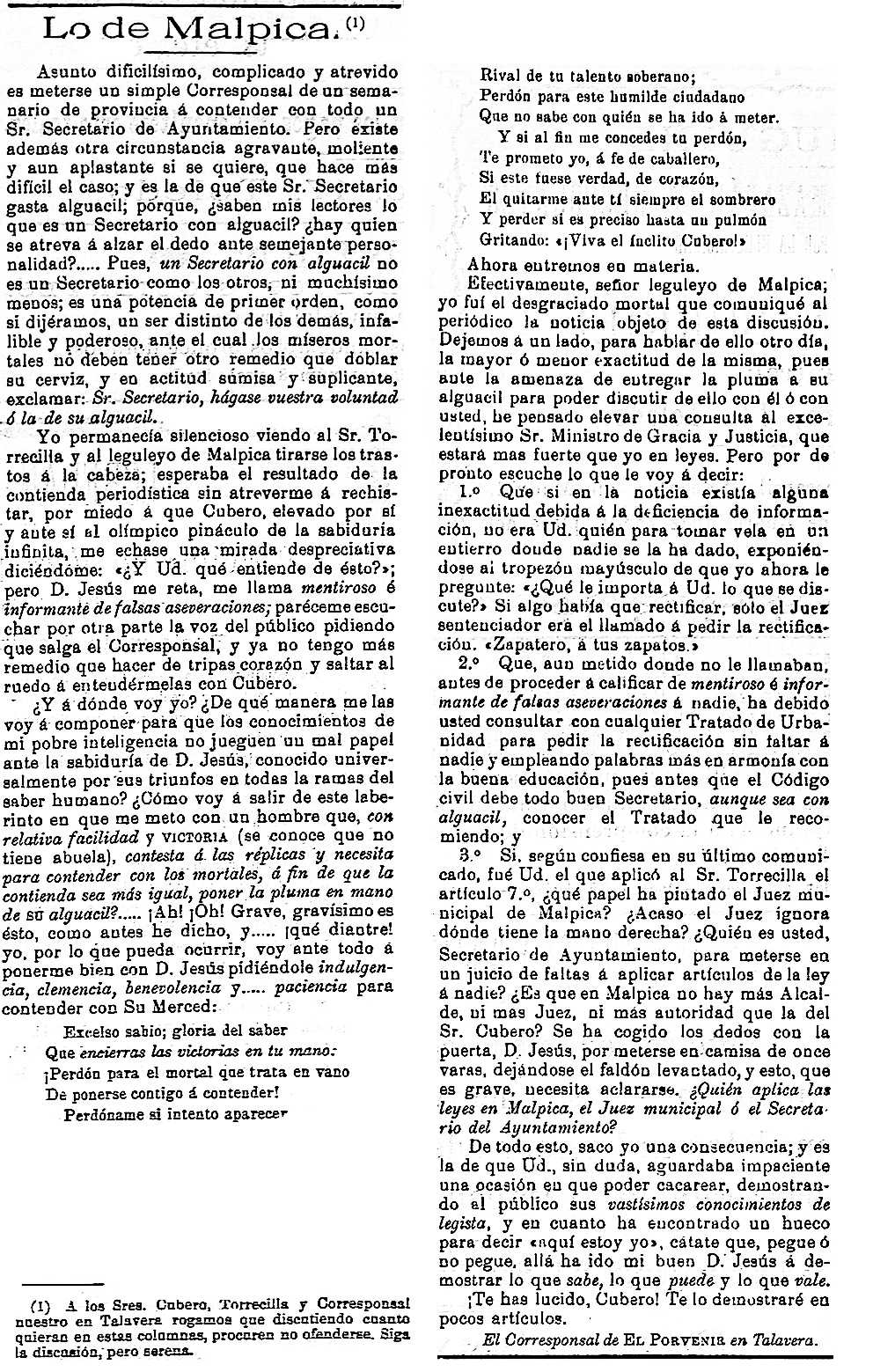 Entra en la polémica el corresponsal del periódico que escribió el artículo inicial, respondiendo al sr. Cubero secretario de Malpica, sobre la denuncia del médico de Cebolla por cazar en Pusa. El porvenir: periódico carlista: Año III Número 107 - 1907 octubre 16. Entra en la polémica el corresponsal del periódico que escribió el artículo inicial, respondiendo al sr. Cubero secretario de Malpica, sobre la denuncia del médico de Cebolla por cazar en Pusa. El porvenir: periódico carlista: Año III Número 107 - 1907 octubre 16.