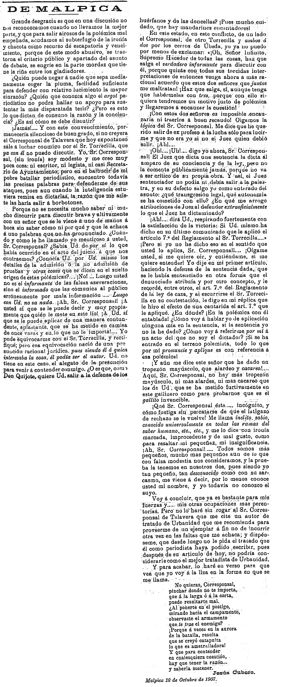 Y, ¿cómo no? le replica el sr. Cubero secretario de Malpica, sobre la denuncia del médico de Cebolla por cazar en Pusa. El porvenir: periódico carlista: Año III Número 108 - 1907 octubre 23 Y, ¿cómo no? le replica el sr. Cubero secretario de Malpica, sobre la denuncia del médico de Cebolla por cazar en Pusa. El porvenir: periódico carlista: Año III Número 108 - 1907 octubre 23