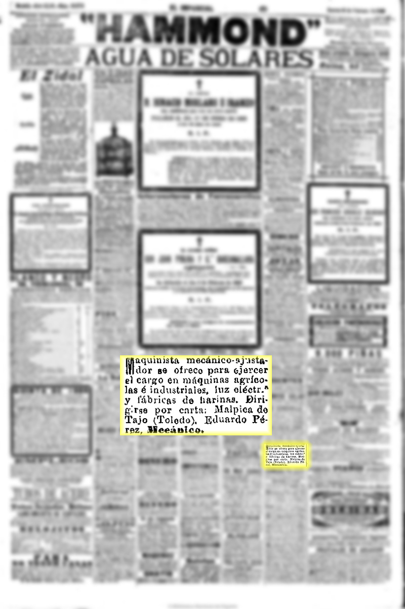 El Imparcial 4-2-1909. Se ofrece mecánico para fábrica de harinas El Imparcial 4-2-1909. Se ofrece mecánico para fábrica de harinas