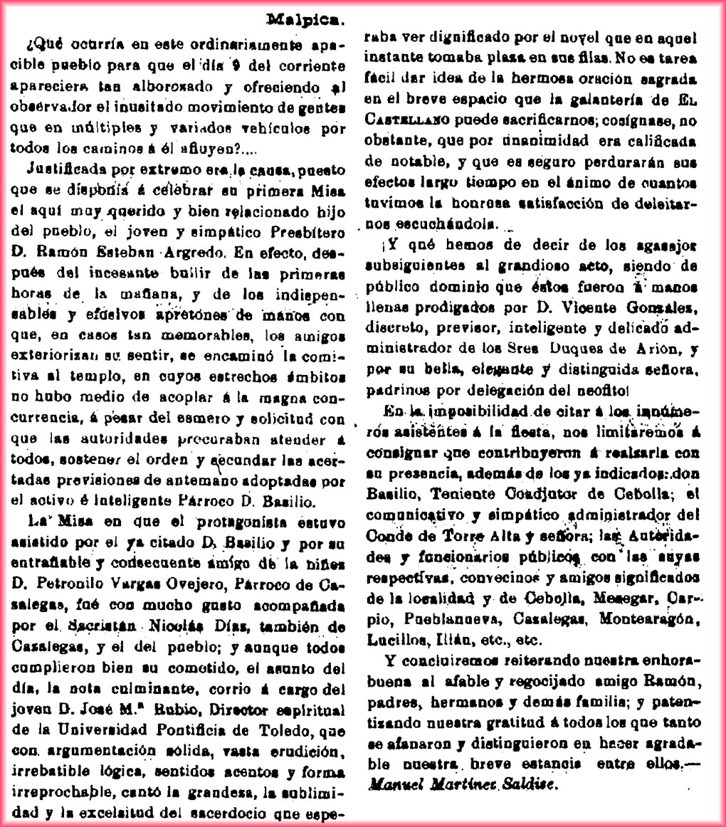 Primera misa. El Castellano. 14/6/1913 Primera misa. El Castellano. 14/6/1913