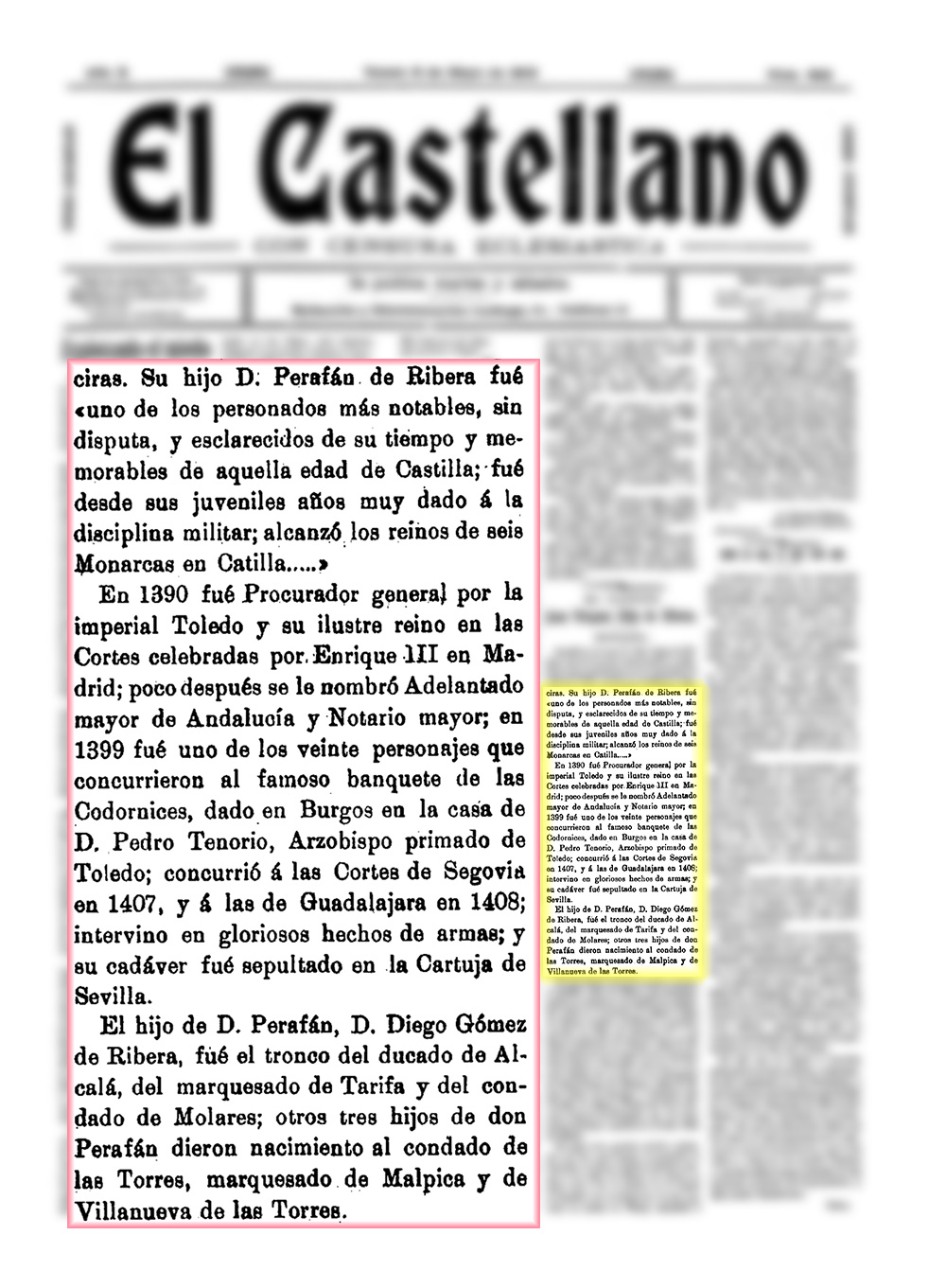 Reseña sobre Per Afan de Ribera. El Castellano. 06/05/1913 Reseña sobre Per Afan de Ribera. El Castellano. 06/05/1913