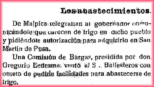 Desabastecimiento de trigo en Malpica de Tajo. el Castellano, 20/5/1918 Desabastecimiento de trigo en Malpica de Tajo. el Castellano, 20/5/1918