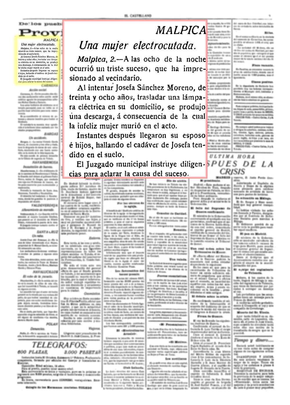Muere electrocutada por accidente. El Castellano 3-12-1919 Muere electrocutada por accidente. El Castellano 3-12-1919
