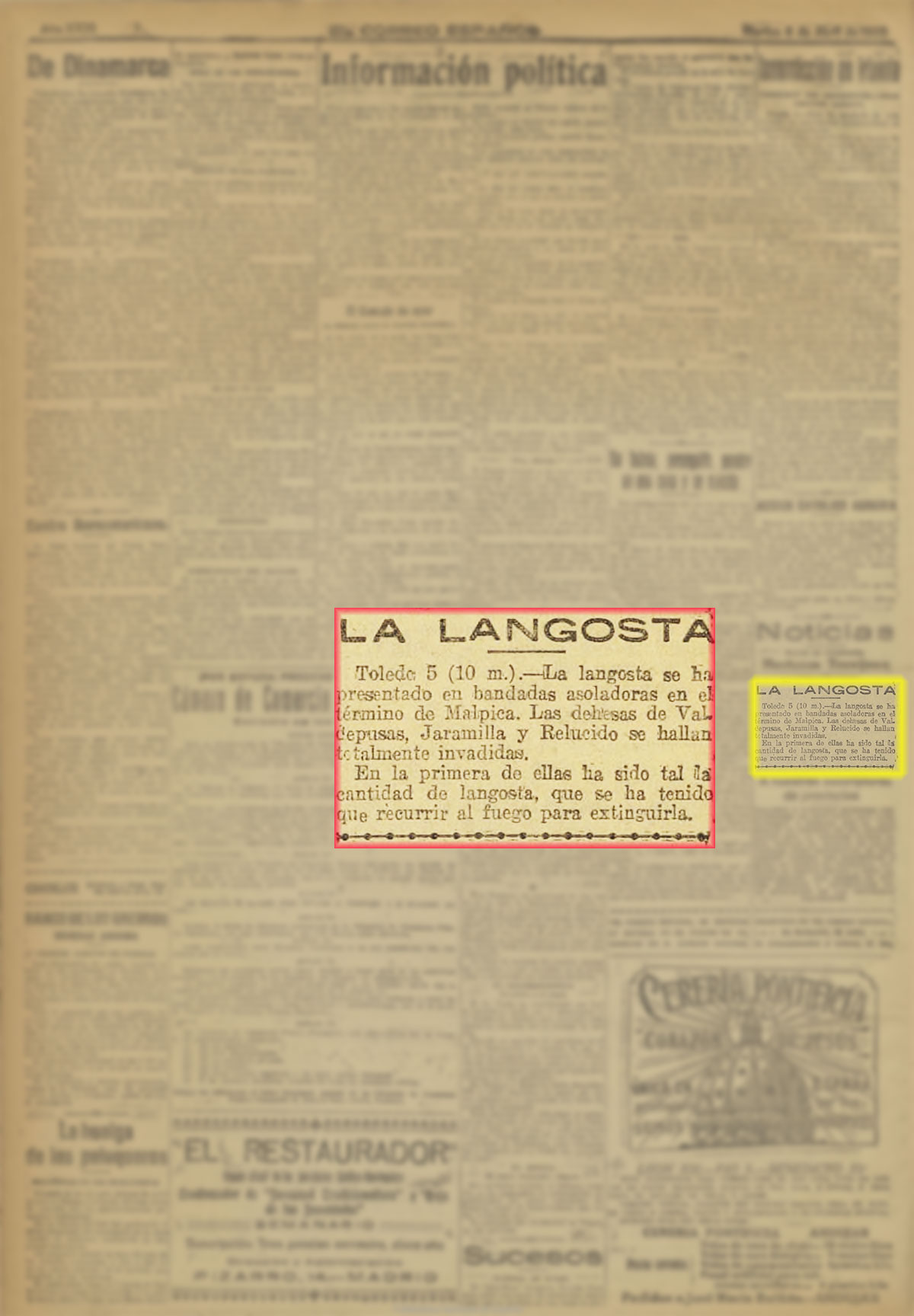Plaga de langosta en Valdepusa El Correo español, l6-4-1920. Plaga de langosta en Valdepusa