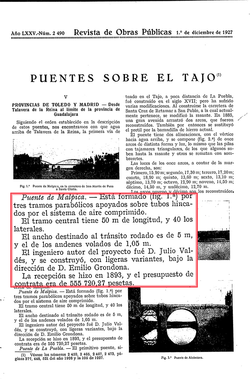 Puentes sobre el Tajo. Revista de Obras Públicas nº 2490 del 01-12-1927 Puentes sobre el Tajo. Revista de Obras Públicas nº 2490 del 01-12-1927