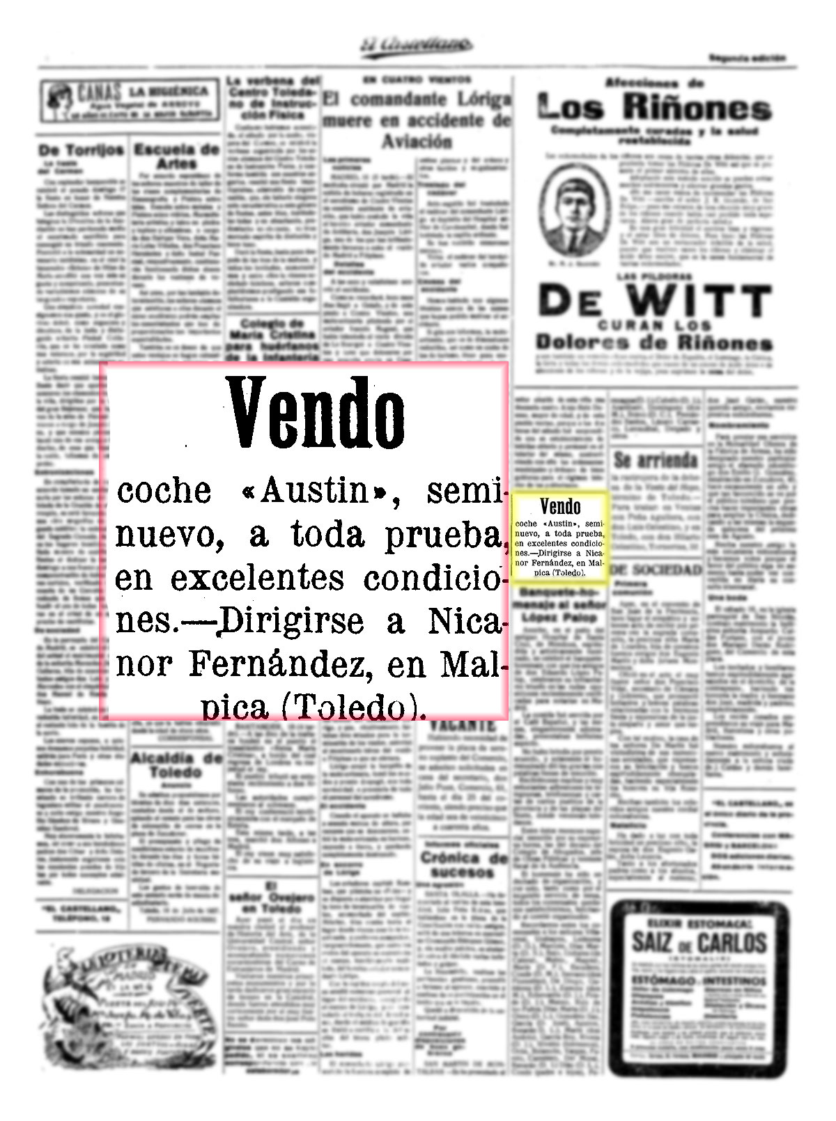 Venta de un Austin seminuevo. El Castellano, 18/07/1927, p 4 Venta de un Austin seminuevo. El Castellano, 18/07/1927, p 4