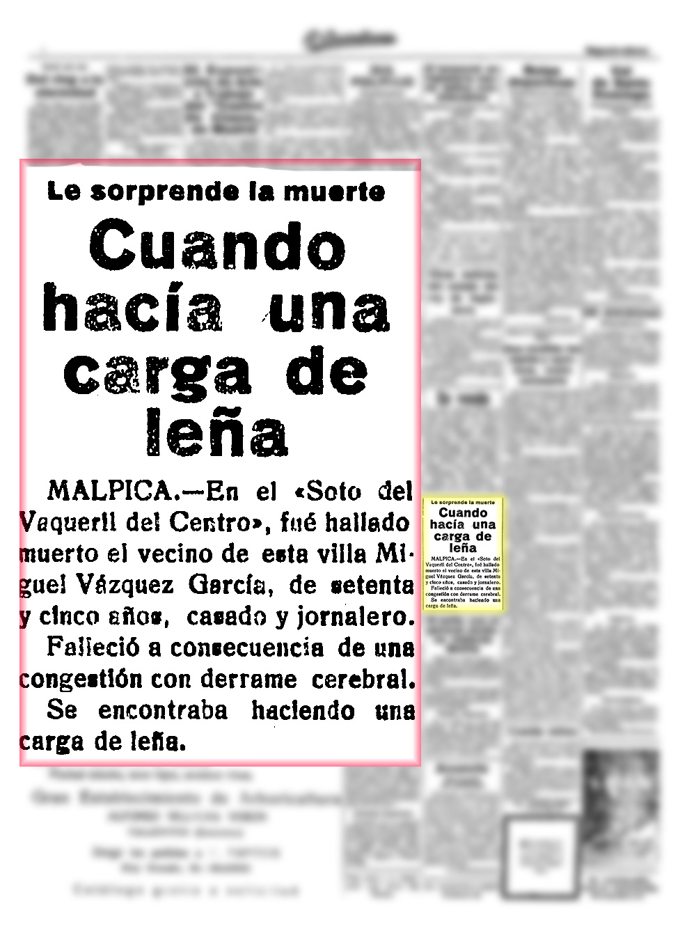 Le sorprende la muerte mientras preparaba una carga de leña. El Castellano, 24-11-1928 Le sorprende la muerte mientras preparaba una carga de leña. El Castellano, 24-11-1928