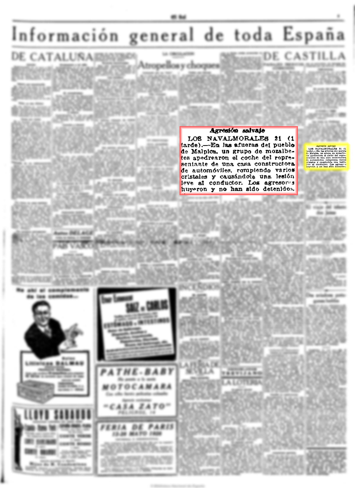Agresión a un reprentante de un casa de automóviles en las afueras de Malpica. El Sol 22-4-1928 Agresión a un reprentante de un casa de automóviles en las afueras de Malpica. El Sol 22-4-1928