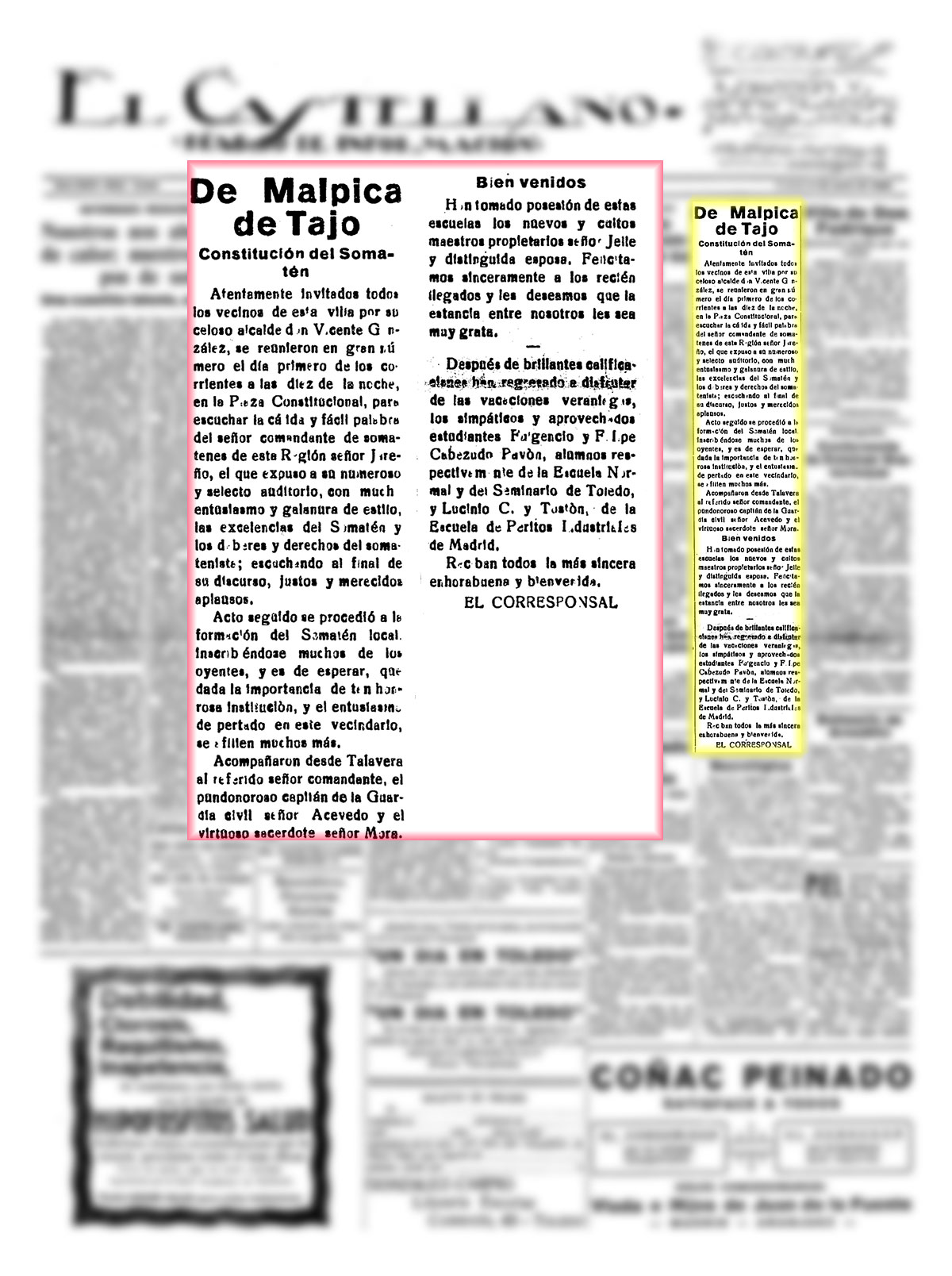 Constitución del somatén en Malpica de Tajo. El Castellano. 5/7/1928, n.º 6.045 Constitución del somatén en Malpica de Tajo. El Castellano. 5/7/1928, n.º 6.045