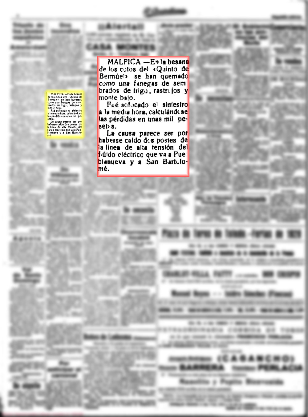 Incendio en el quinto de Bernuy. El Castellano, 14-8-1928 Incendio en el quinto de Bernuy. El Castellano, 14-8-1928